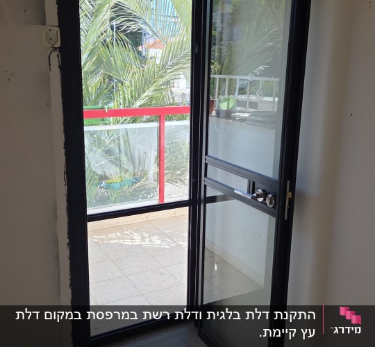 דלת אלומיניום עם מסגרת שחורה וזכוכית שקופה